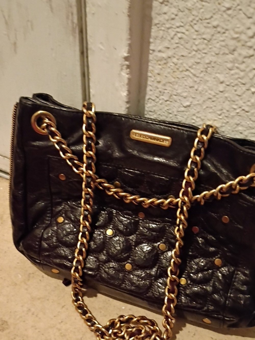 Rebecca Minkoff Black Quilted Leather Shoulder Bag with Gold Chain